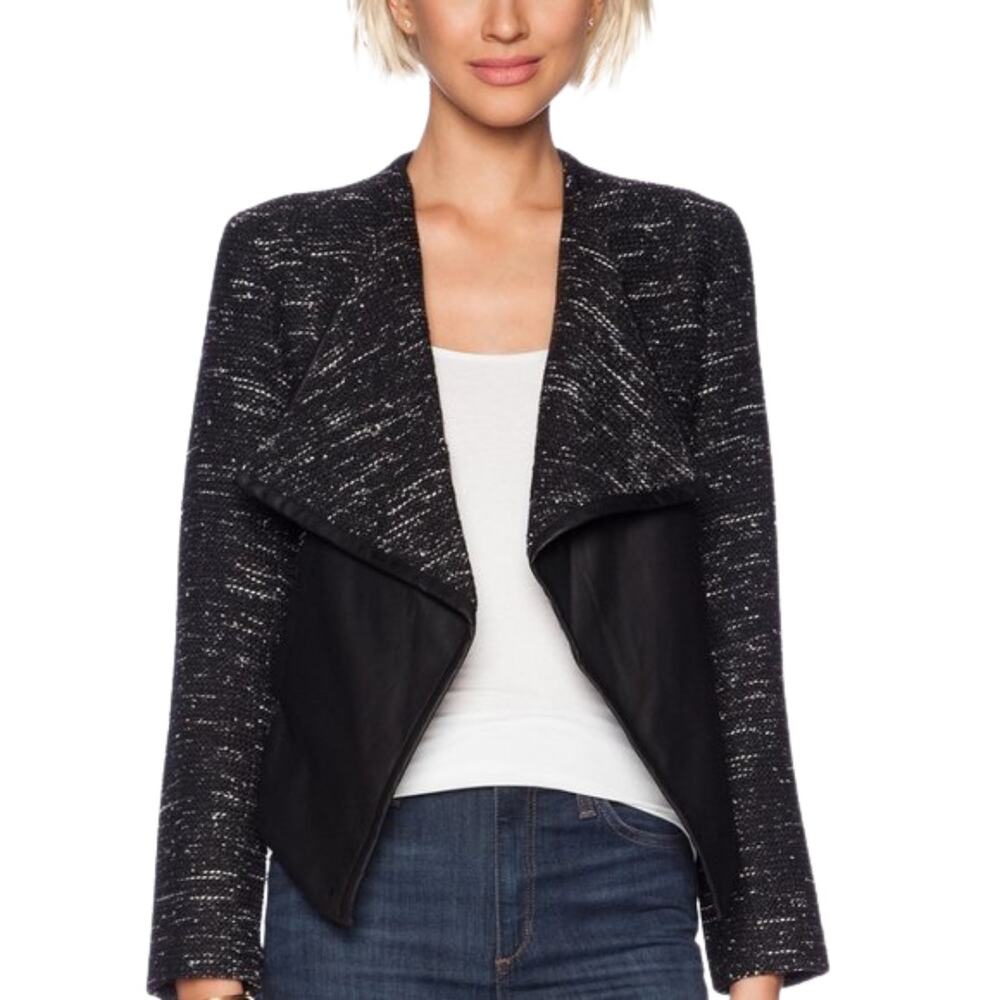 BB Dakota Renata Wool Blend Tweed Faux Leather Drape Front Blazer Black M